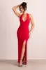 Ines | Red Plunge Neck Sculptured Back Maxi Dress sold by Club L London