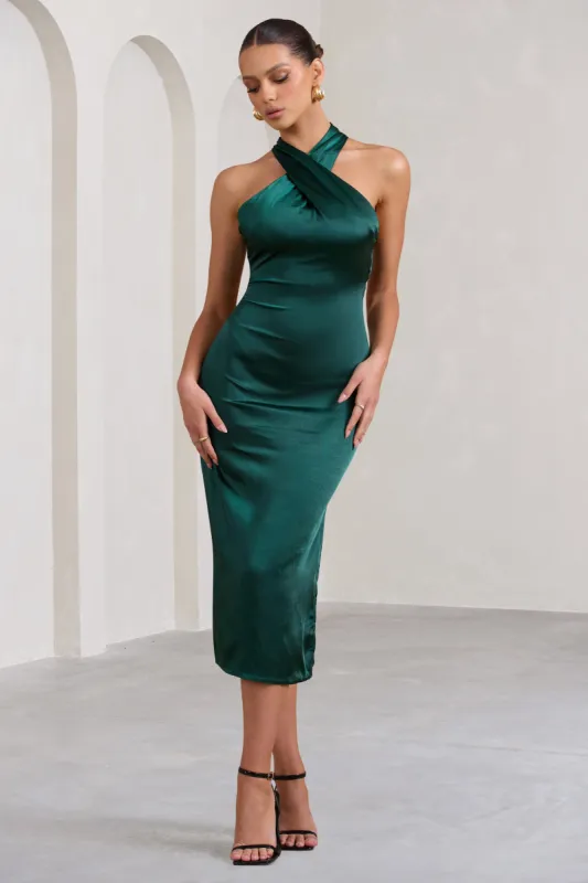 Dazzling | Bottle Green Satin Cross Over Halter Neck Midi Dress sold by Club L London
