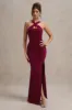 Jianna | Wine Cross Over Halter-Neck Split Maxi Dress sold by Club L London