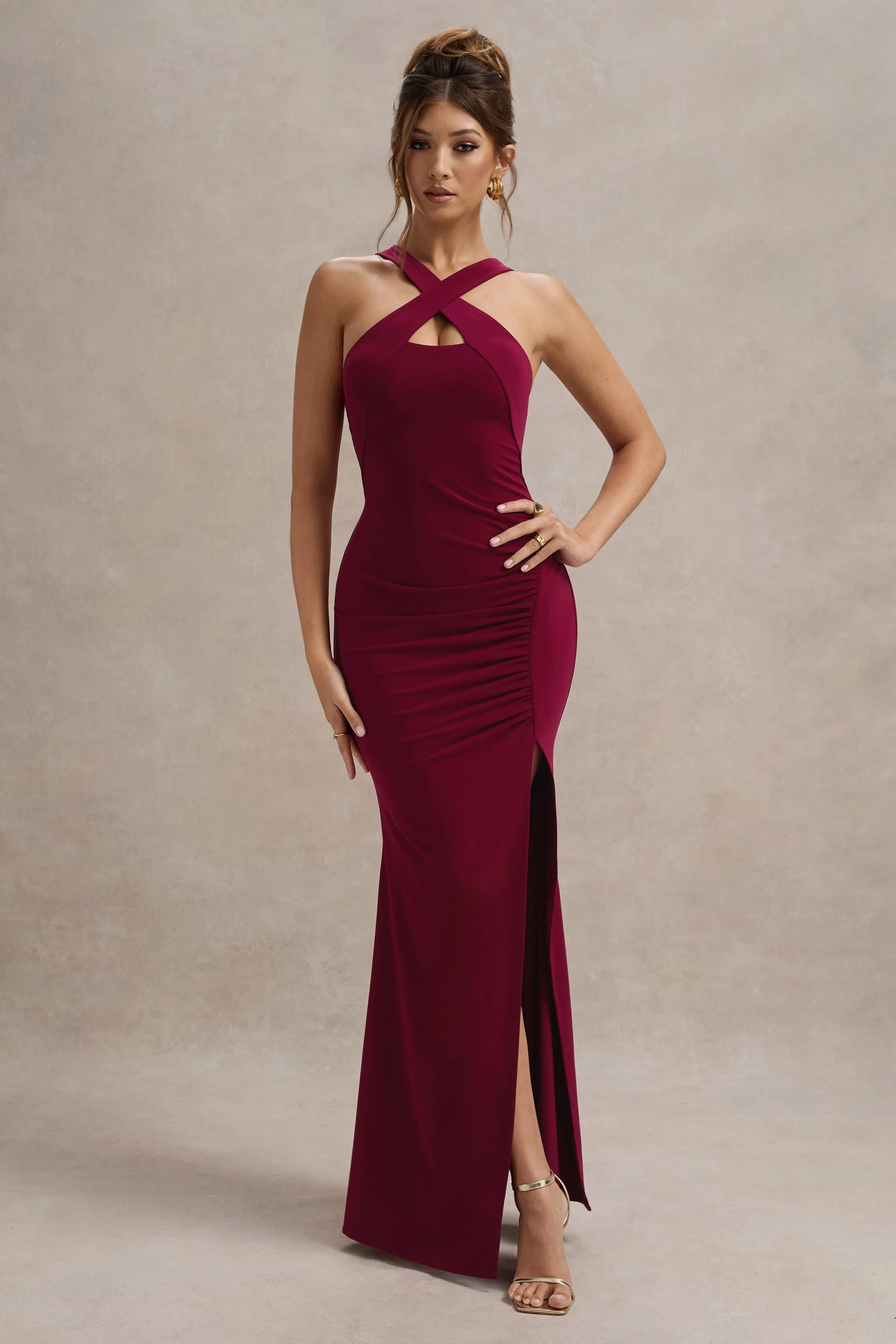 Jianna | Wine Cross Over Halter-Neck Split Maxi Dress sold by Club L London