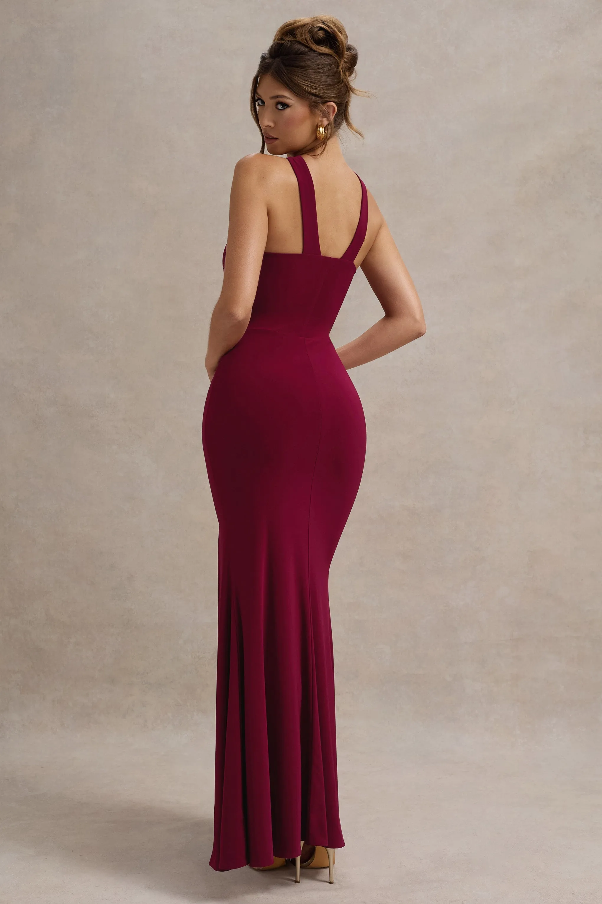 Jianna | Wine Cross Over Halter-Neck Split Maxi Dress sold by Club L London product image thumbnail 2