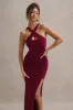 Jianna | Wine Cross Over Halter-Neck Split Maxi Dress sold by Club L London