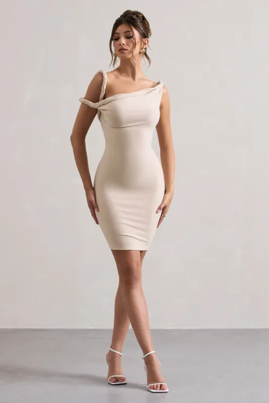 Tali | Champagne Twisted Asymmetric Bodycon Mini Dress sold by Club L London