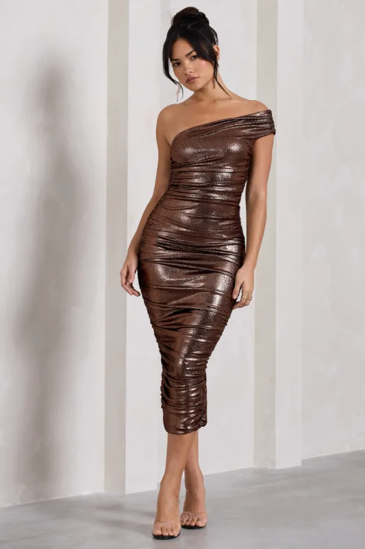 Alma | Bronze Asymmetric Ruched Bodycon Midi Dress sold by Club L London