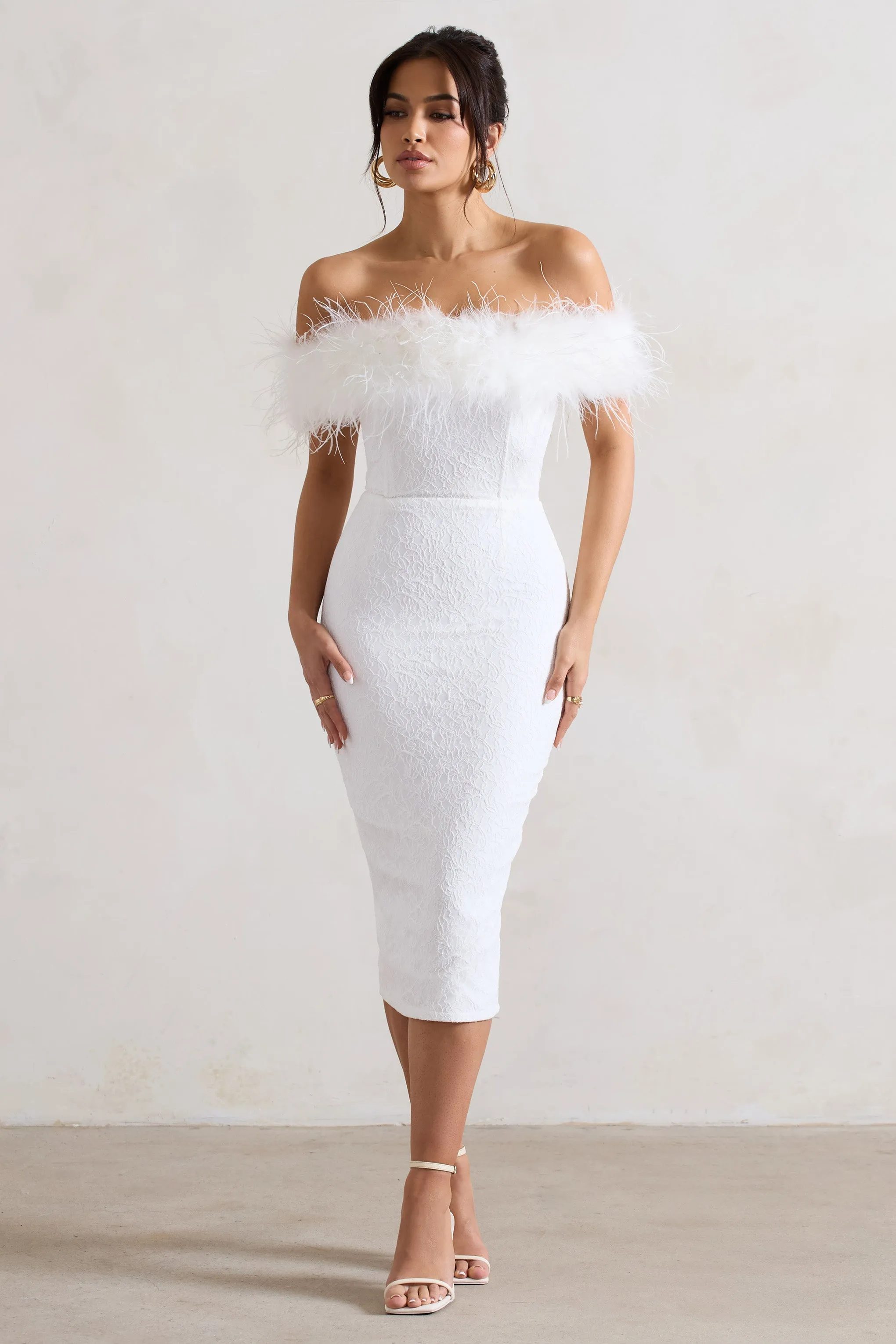 Maiden | White Lace Bardot Midi Dress With Feather Trim sold by Club L London product image thumbnail 4