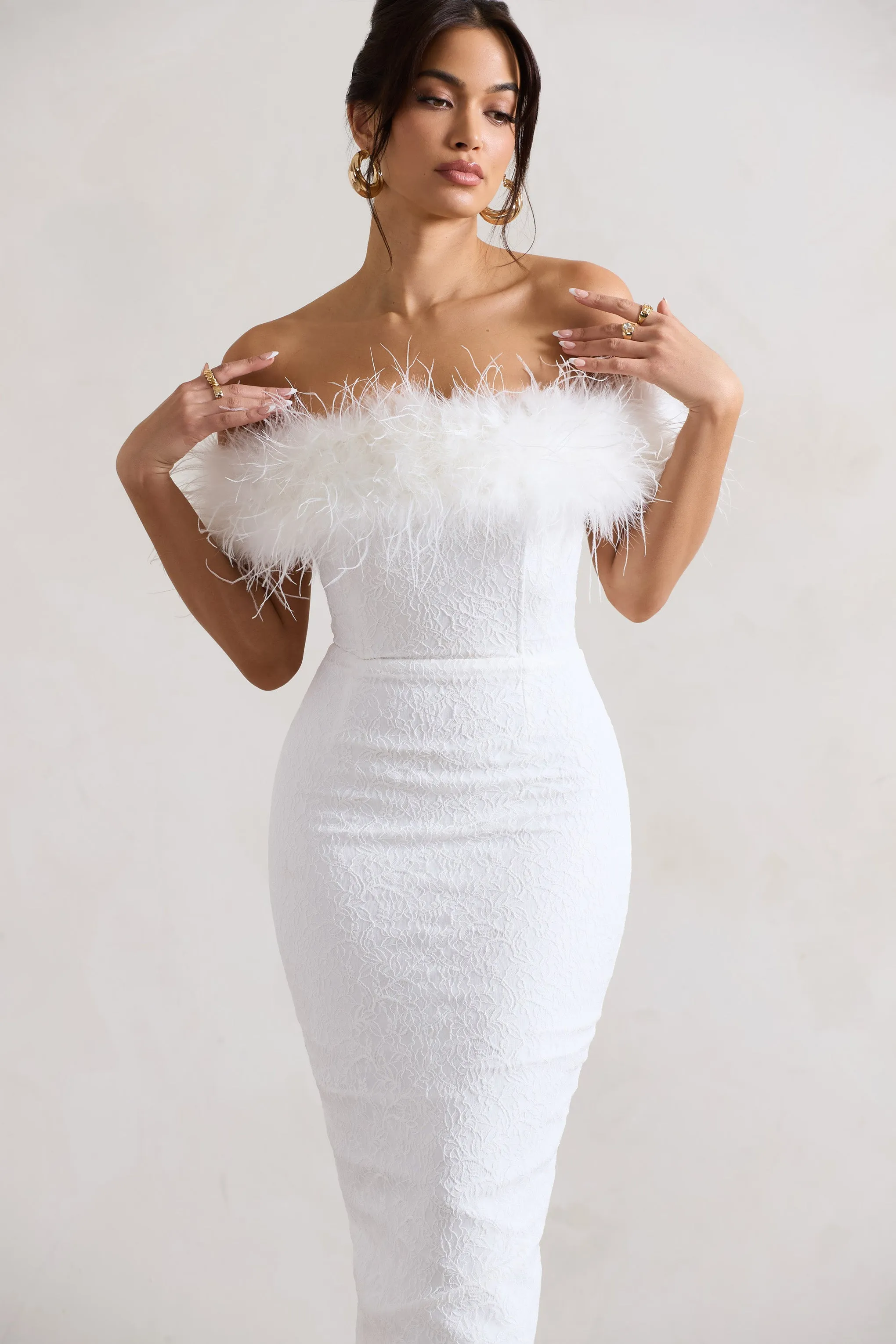 Maiden | White Lace Bardot Midi Dress With Feather Trim sold by Club L London product image thumbnail 3