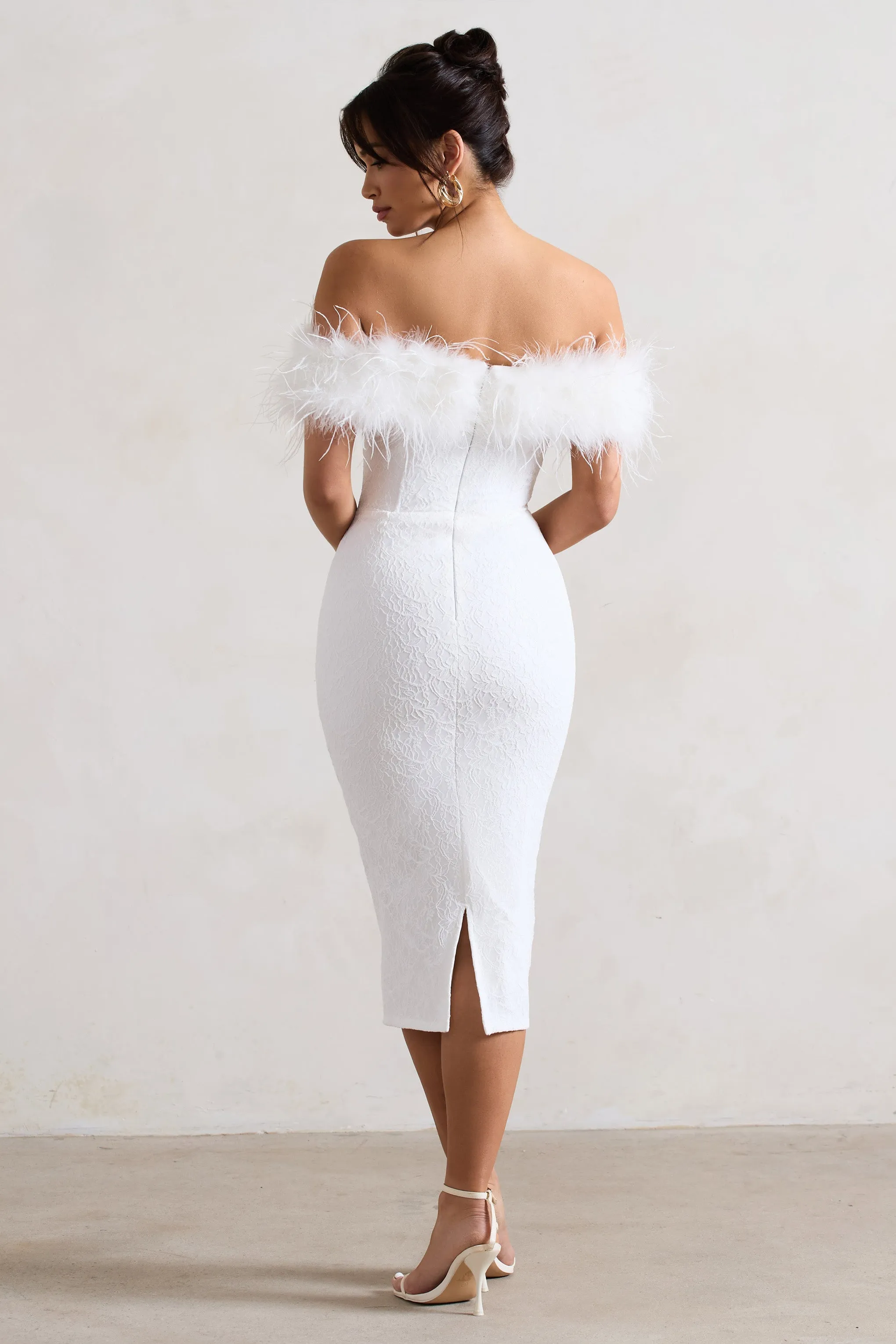 Maiden | White Lace Bardot Midi Dress With Feather Trim sold by Club L London product image thumbnail 2