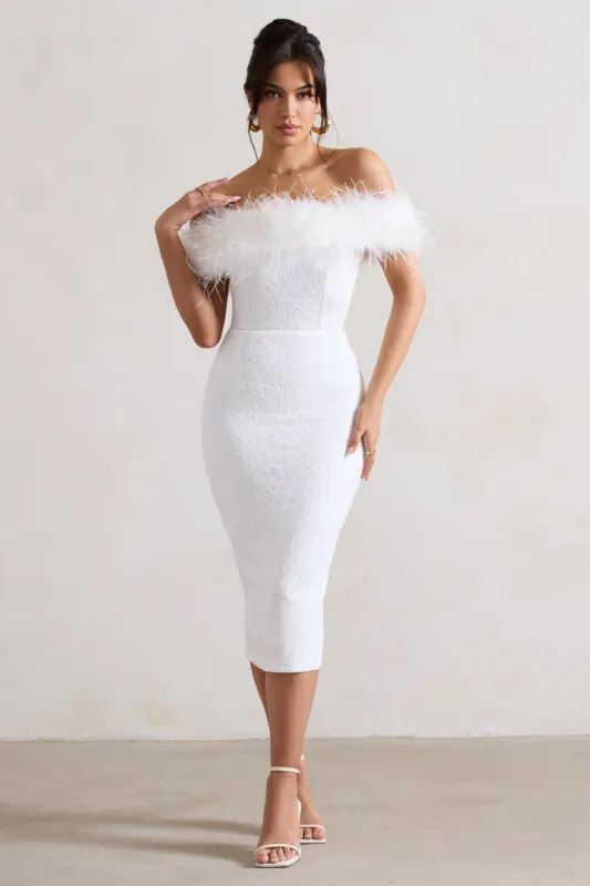 Maiden | White Lace Bardot Midi Dress With Feather Trim sold by Club L London