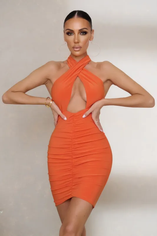 Good Life | Orange Halter Neck Split Mini Dress sold by Club L London