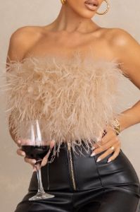 Dream Daze | Champagne Feather Bandeau Crop Top sold by Club L London