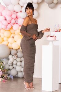 Announcement | Mocha Maternity Bardot Ruched Maxi Dress sold by Club L London