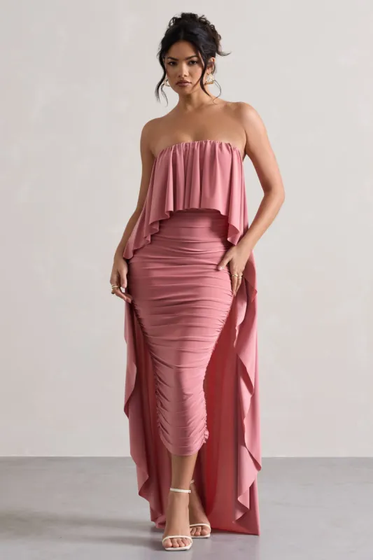 Upon A Time | Blush Ruched Bandeau Midi Dress With Cape sold by Club L London