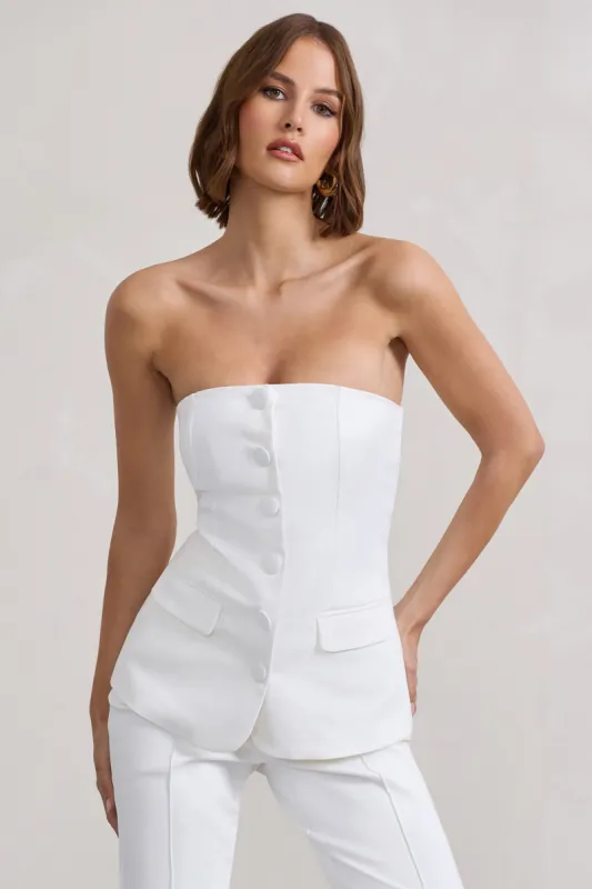 Elliana | White Strapless Button Front Tailored Top sold by Club L London