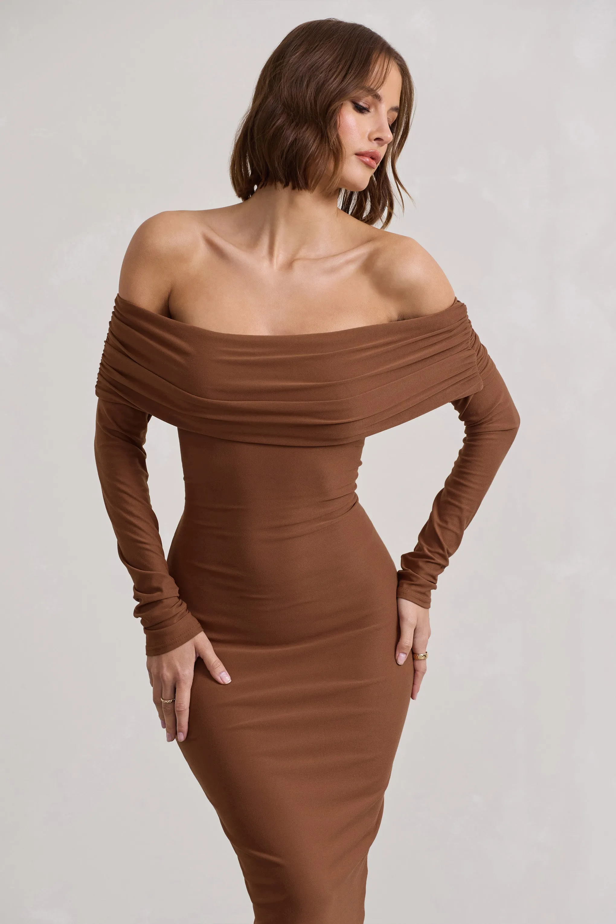 Intercept | Brown Bodycon Bardot Tie-Back Midi Dress sold by Club L London product image thumbnail 3