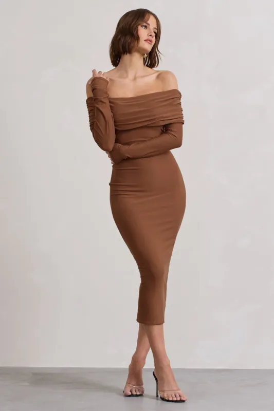 Intercept | Brown Bodycon Bardot Tie-Back Midi Dress sold by Club L London