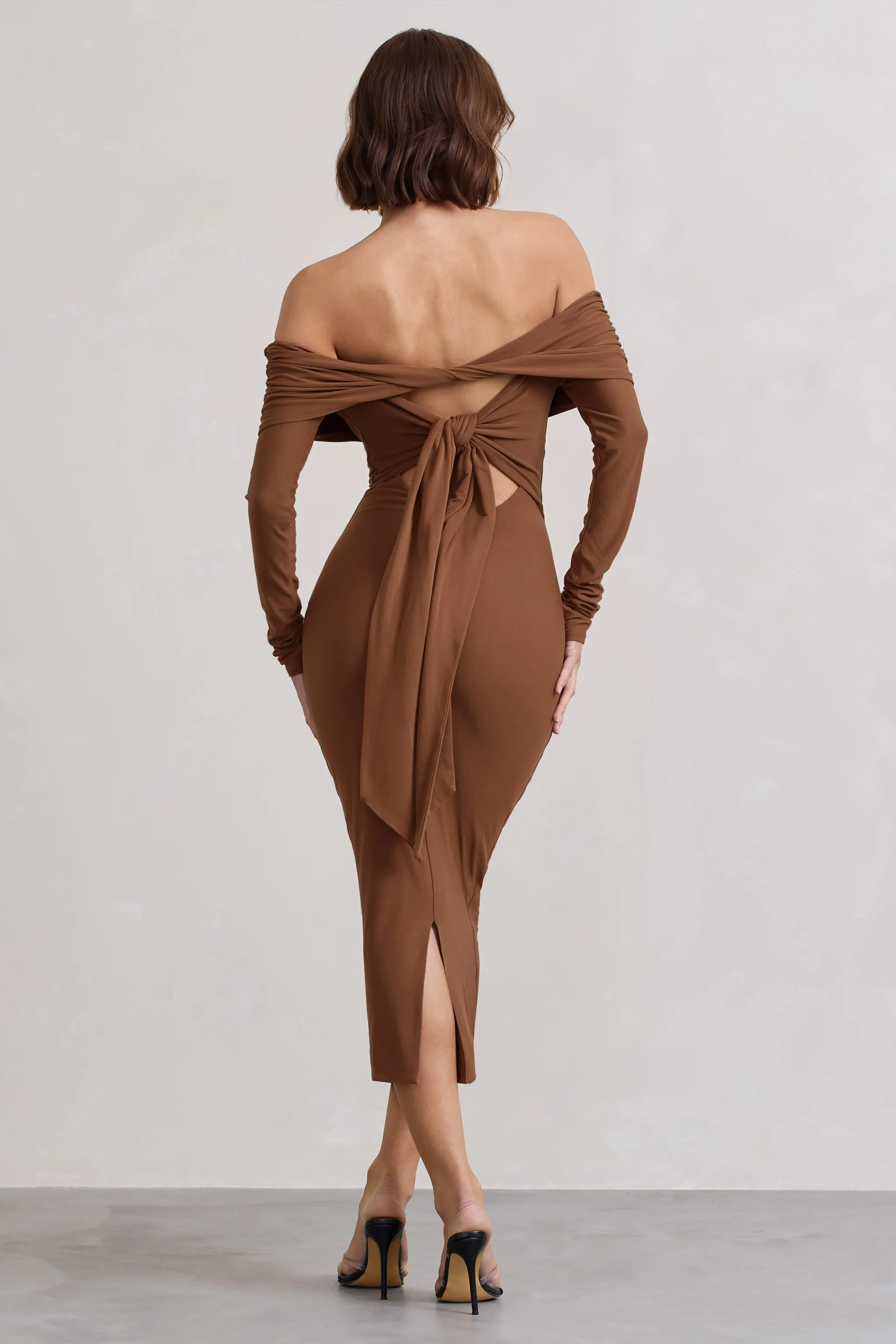 Intercept | Brown Bodycon Bardot Tie-Back Midi Dress sold by Club L London product image thumbnail 2