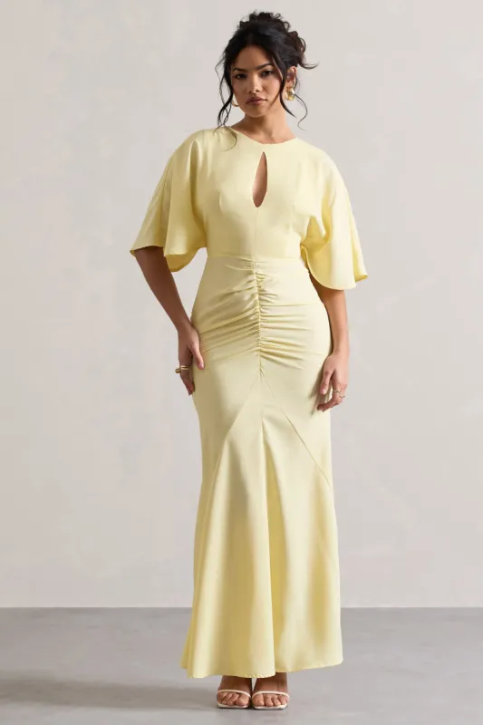 Elidy | Pastel Yellow Ruched Flutter-Sleeve Cut-Out Maxi Dress sold by Club L London