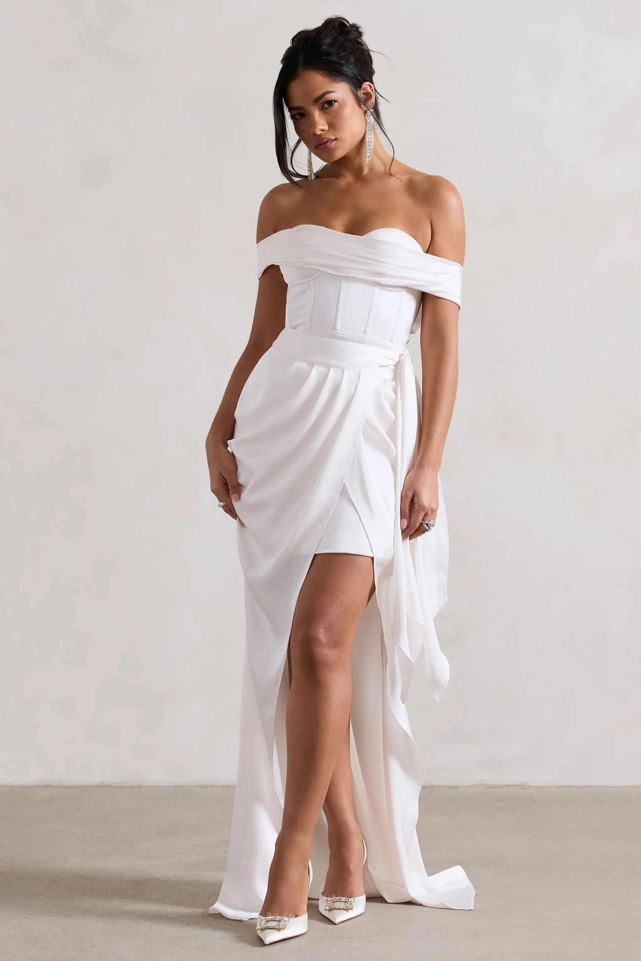 Milano | Cream Satin Bardot Maxi Dress With Detachable Skirt sold by Club L London