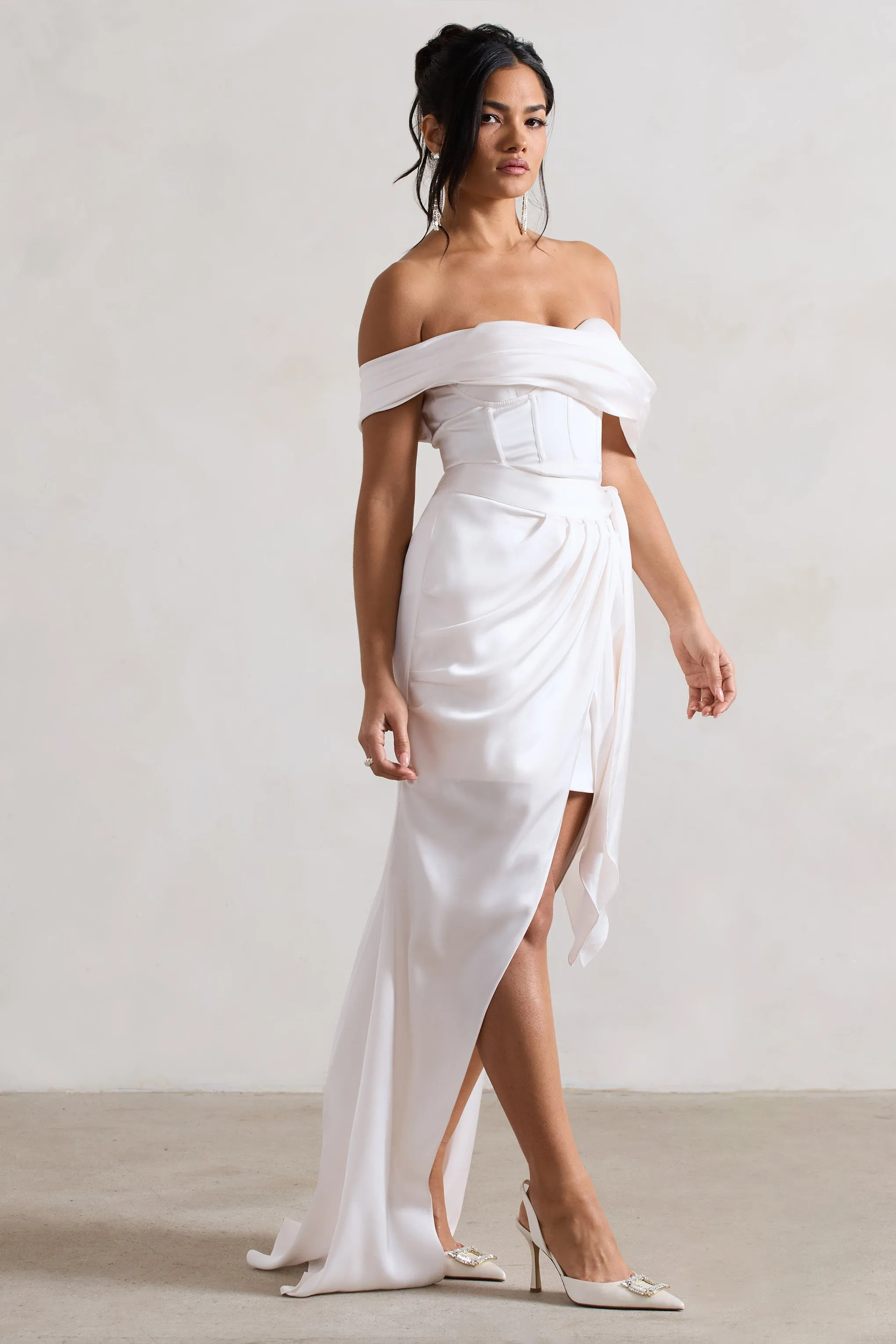 Milano | Cream Satin Bardot Maxi Dress With Detachable Skirt sold by Club L London product image thumbnail 4