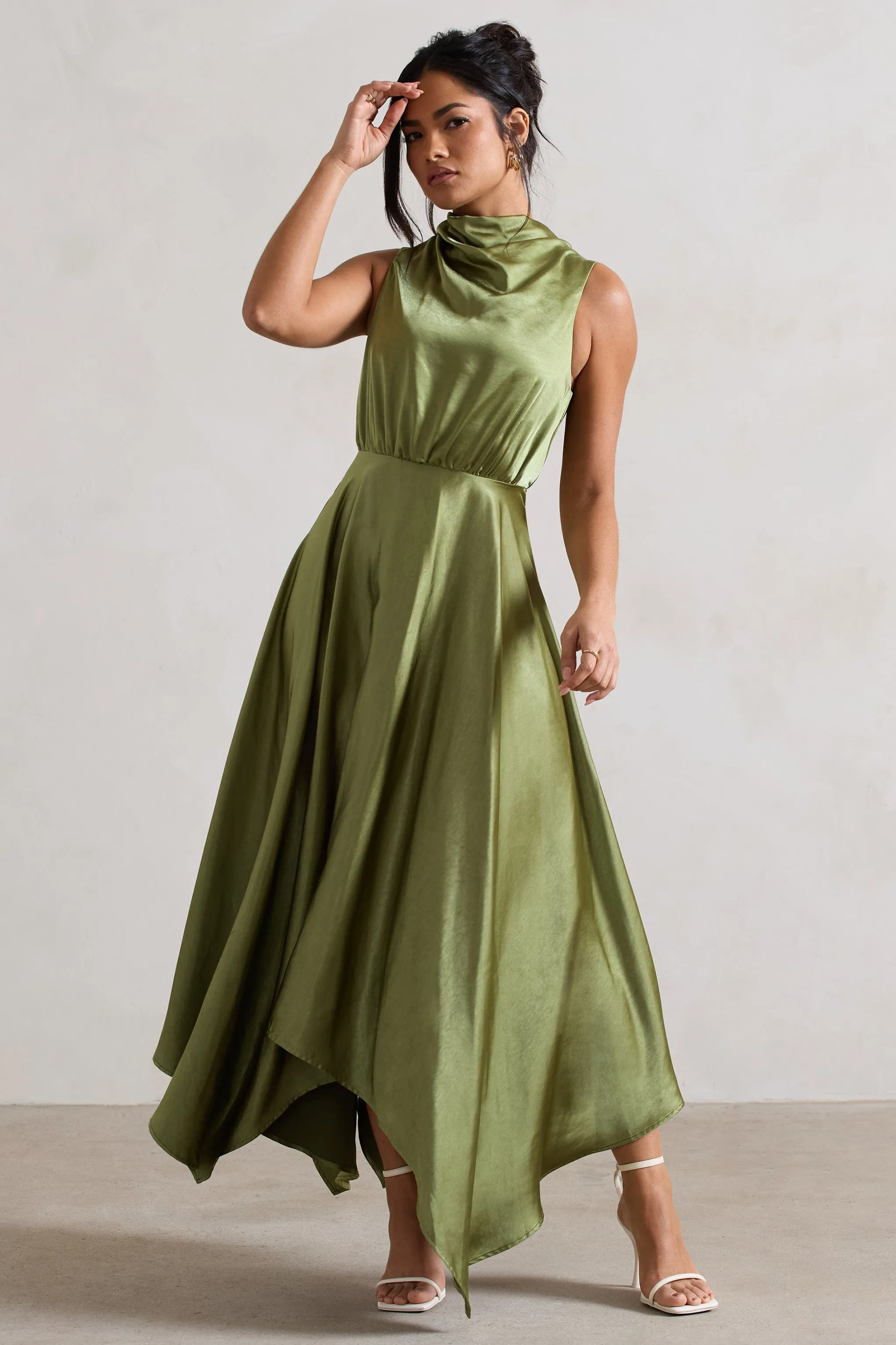 Kerri | Olive Green Satin Cowl-Neck Maxi Dress sold by Club L London product image thumbnail 4
