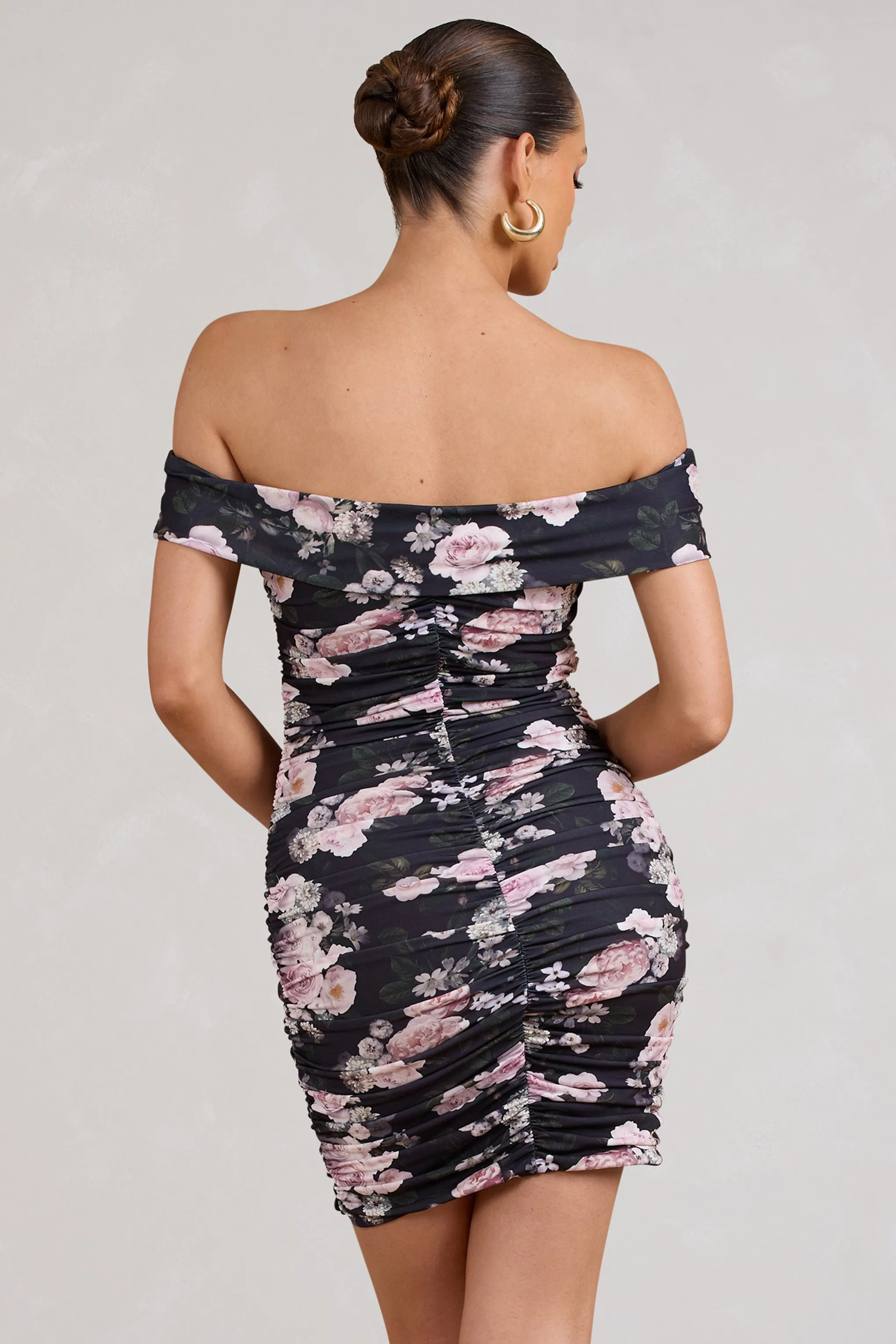 Thorn | Black Floral Bardot Bodycon Mini Dress sold by Club L London product image thumbnail 4