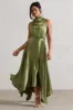 Kerri | Olive Green Satin Cowl-Neck Maxi Dress sold by Club L London