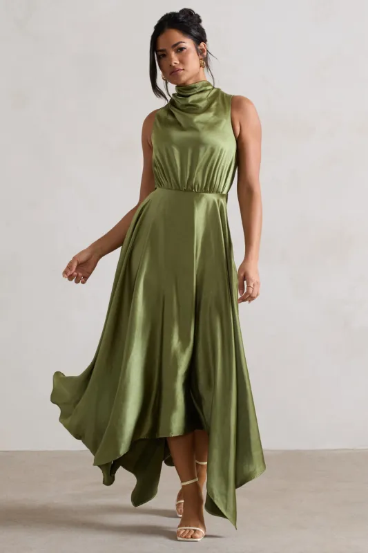 Kerri | Olive Green Satin Cowl-Neck Maxi Dress sold by Club L London