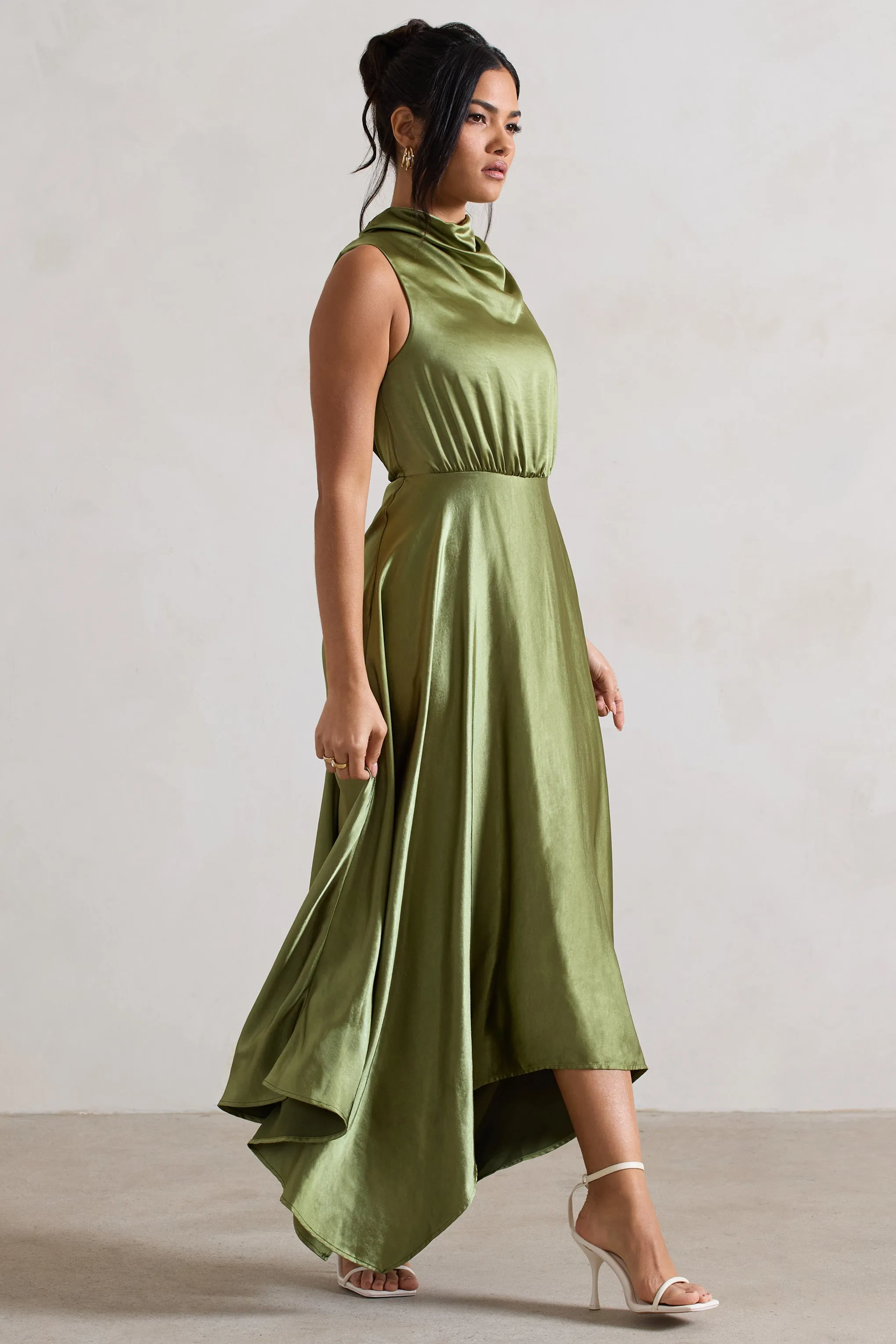 Kerri | Olive Green Satin Cowl-Neck Maxi Dress sold by Club L London product image thumbnail 5