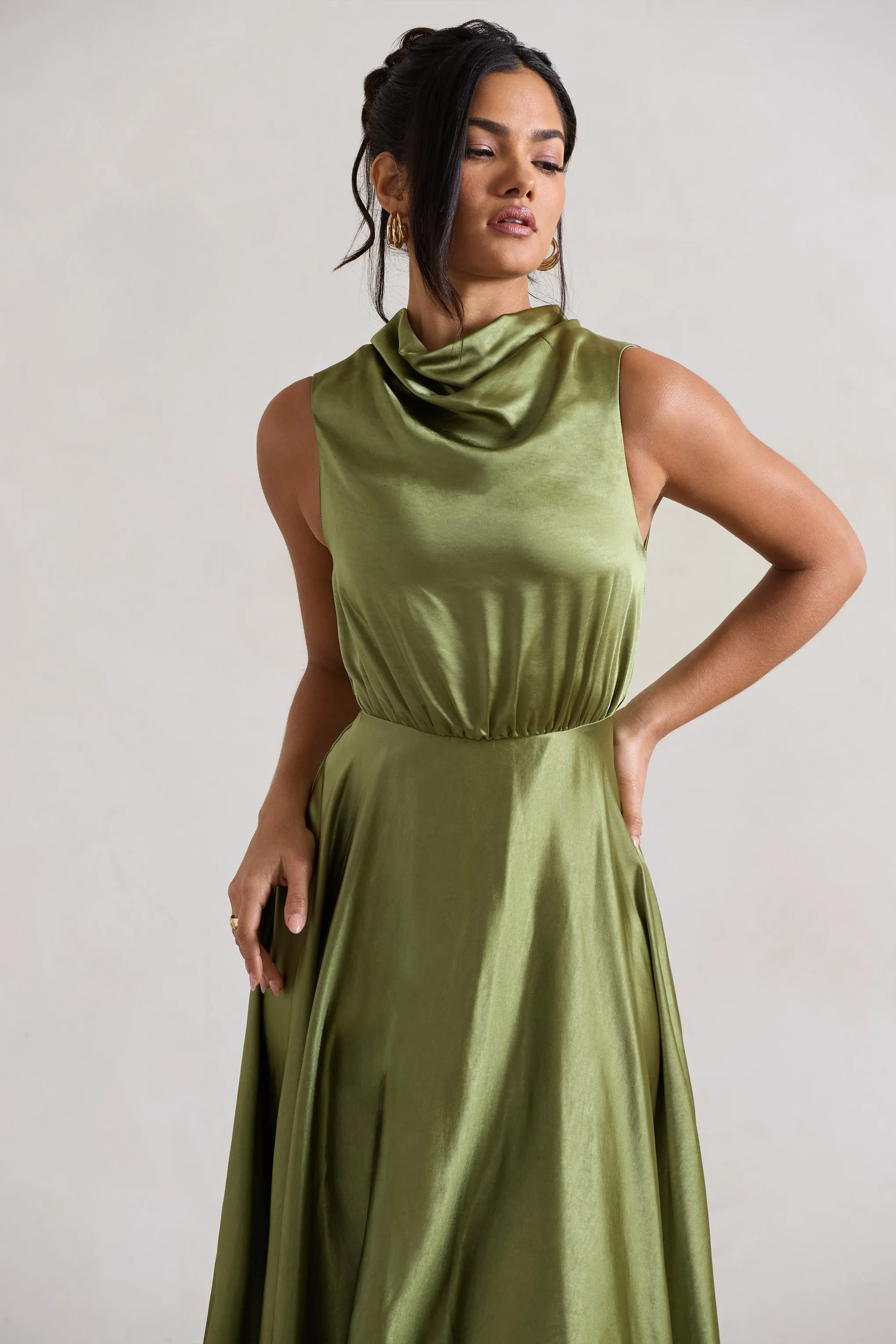 Kerri | Olive Green Satin Cowl-Neck Maxi Dress sold by Club L London product image thumbnail 3