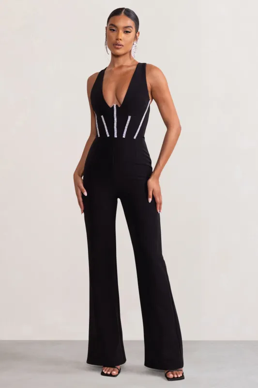 Alison | Black Plunge Corset Jumpsuit With Diamante Trim Detail sold by Club L London