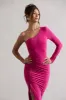 Anima | Dark Pink Asymmetric Ruched One-Sleeve Maxi Dress sold by Club L London