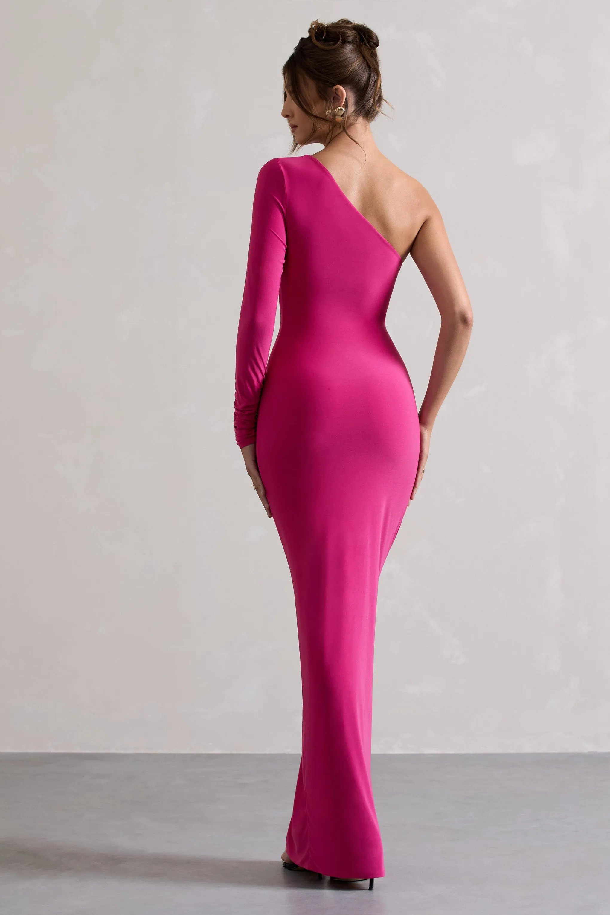 Anima | Dark Pink Asymmetric Ruched One-Sleeve Maxi Dress sold by Club L London product image thumbnail 2