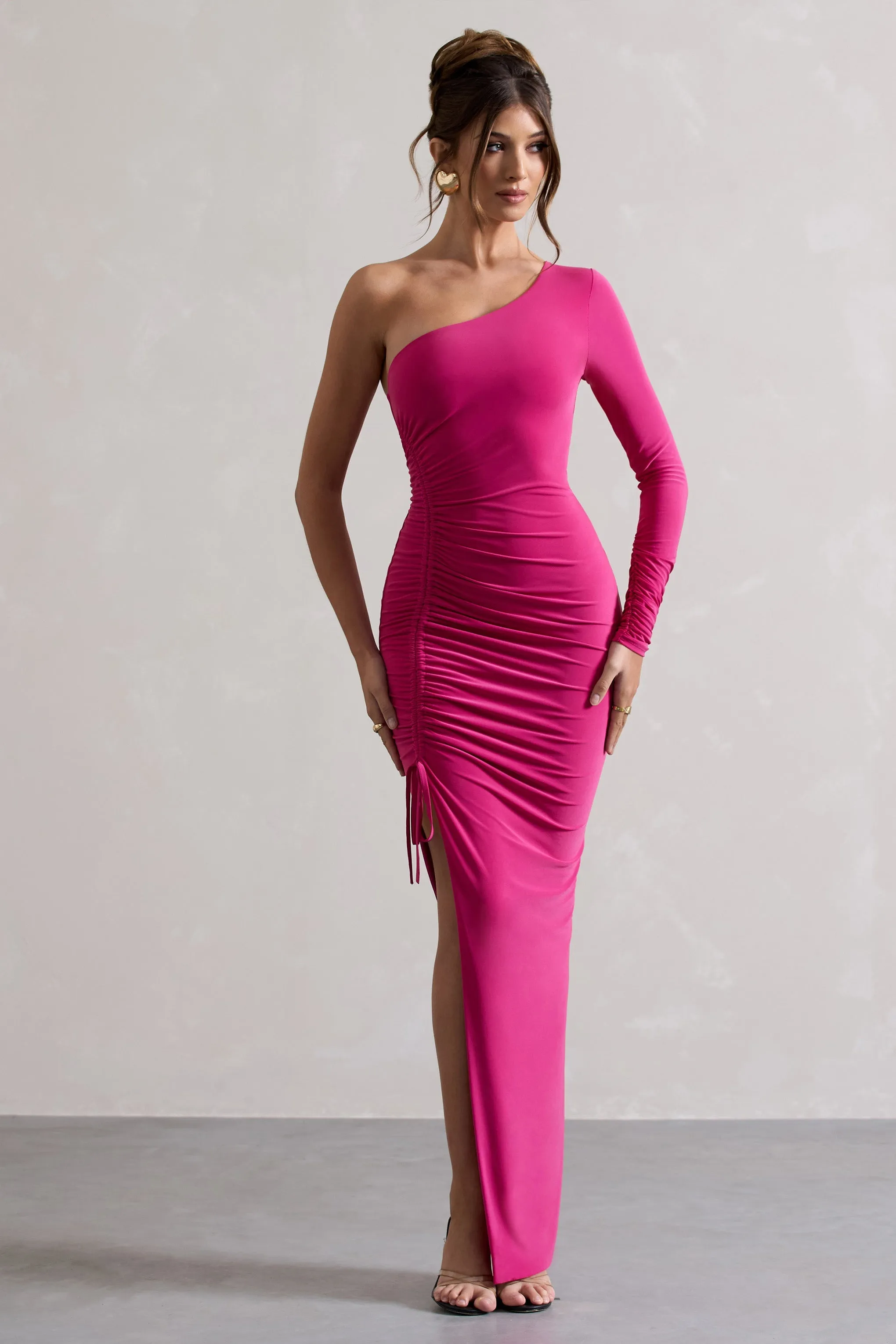 Anima | Dark Pink Asymmetric Ruched One-Sleeve Maxi Dress sold by Club L London