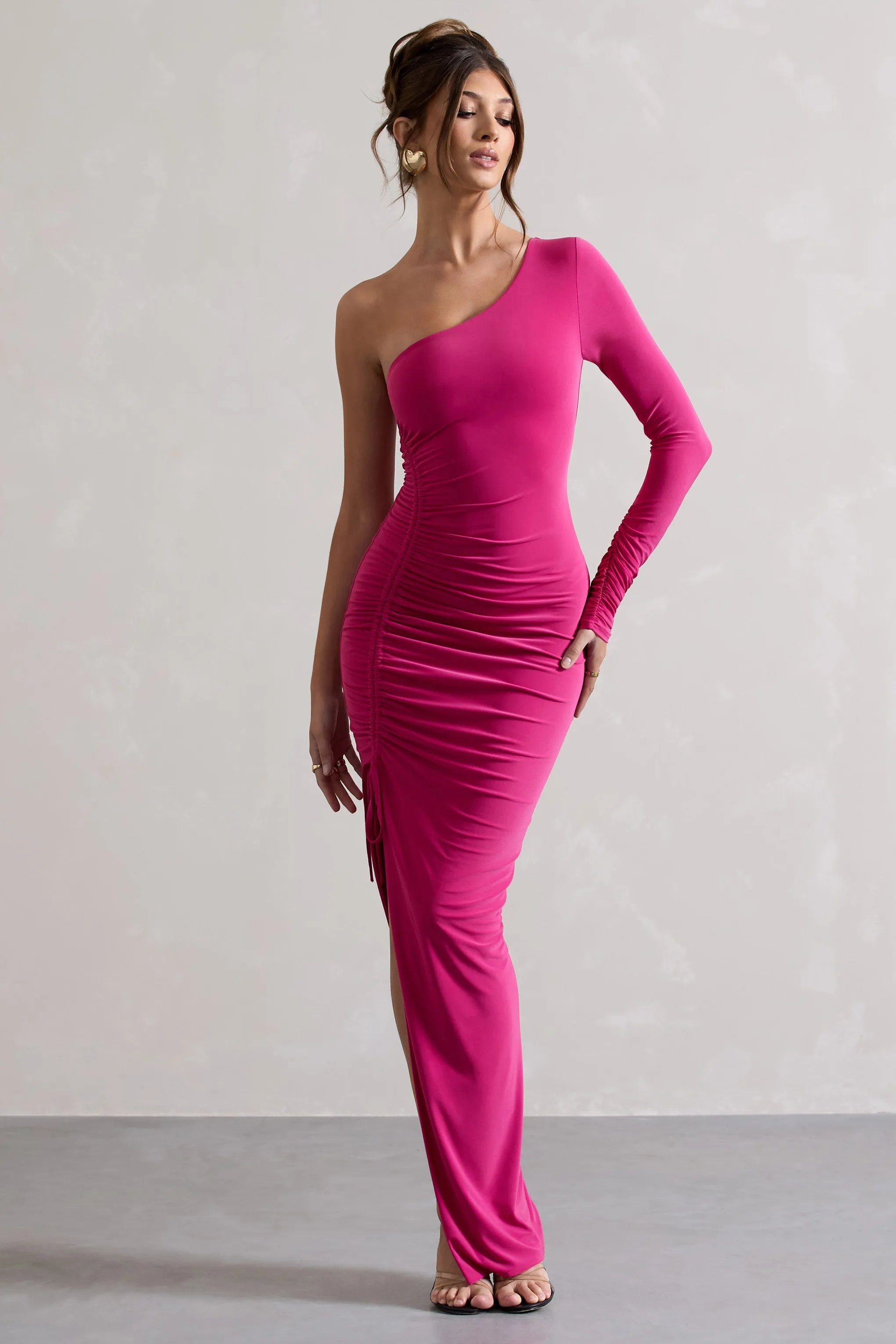 Anima | Dark Pink Asymmetric Ruched One-Sleeve Maxi Dress sold by Club L London product image thumbnail 5