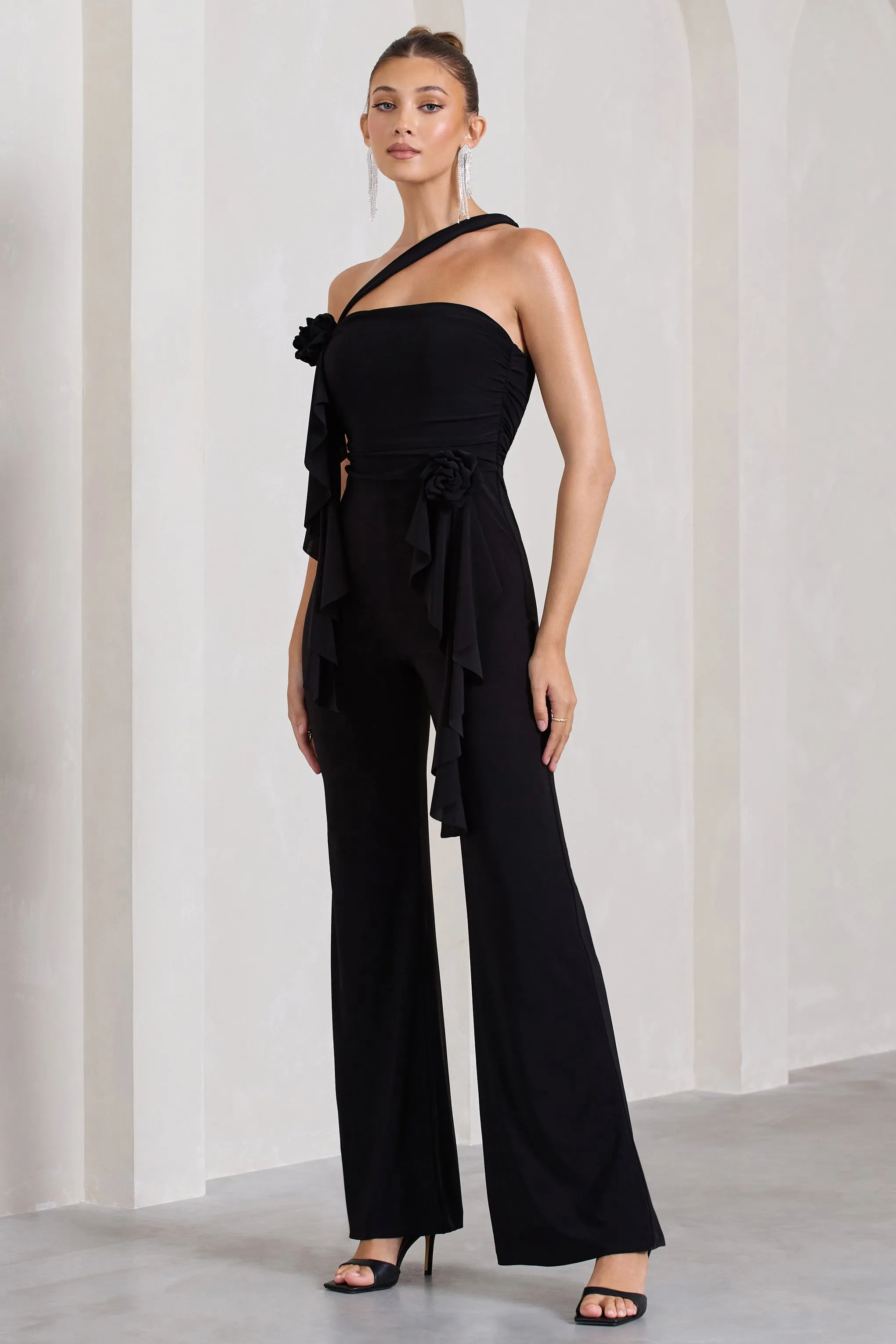 Tia | Black Asymmetric Sleeveless Flared-Leg Jumpsuit With Flowers sold by Club L London product image thumbnail 4