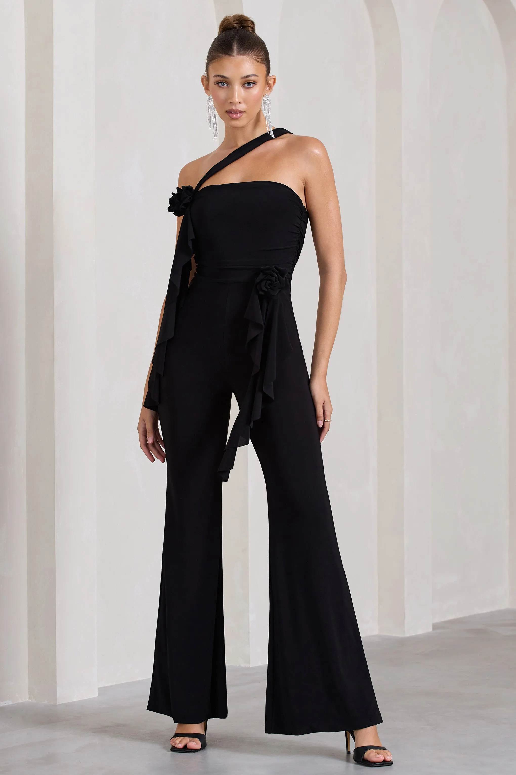 Tia | Black Asymmetric Sleeveless Flared-Leg Jumpsuit With Flowers sold by Club L London product image thumbnail 5