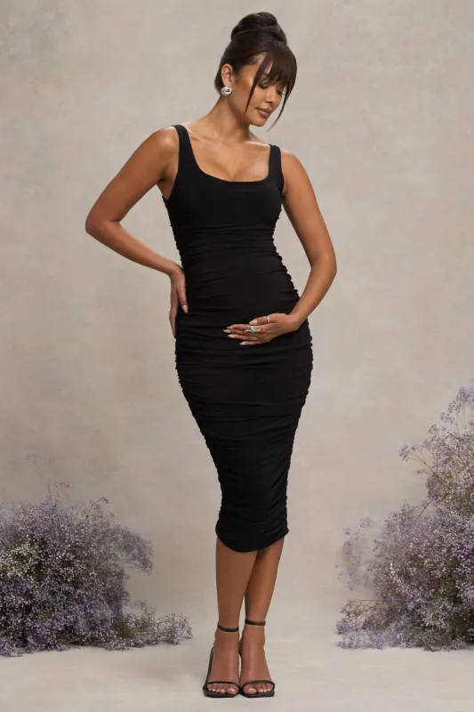 Lisbon | Black Maternity Square Neck Ruched Midi Dress sold by Club L London