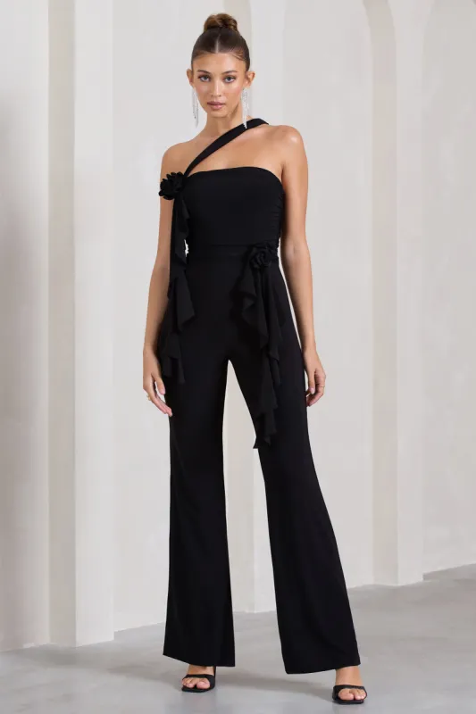 Tia | Black Asymmetric Sleeveless Flared-Leg Jumpsuit With Flowers sold by Club L London