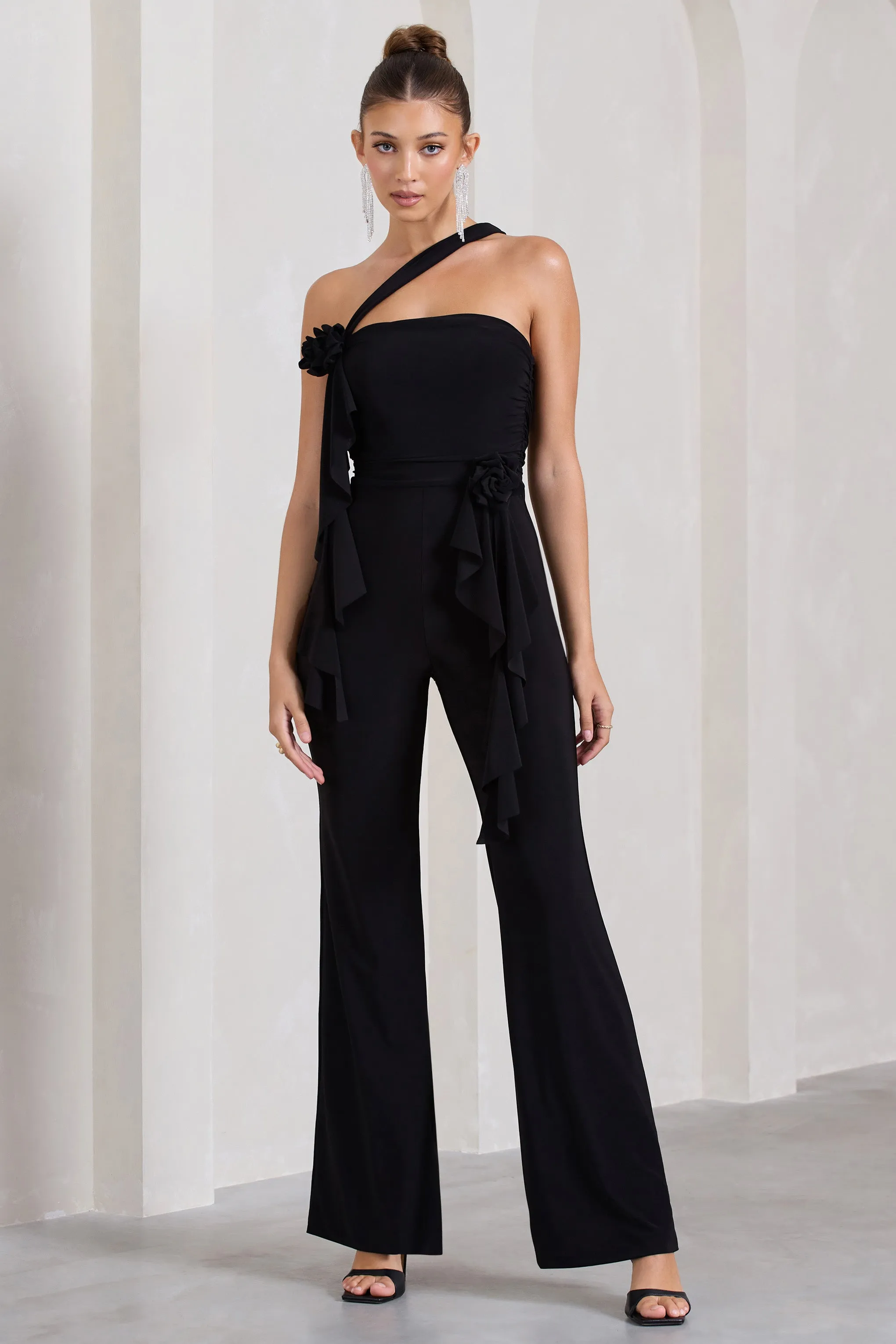 Tia | Black Asymmetric Sleeveless Flared-Leg Jumpsuit With Flowers sold by Club L London