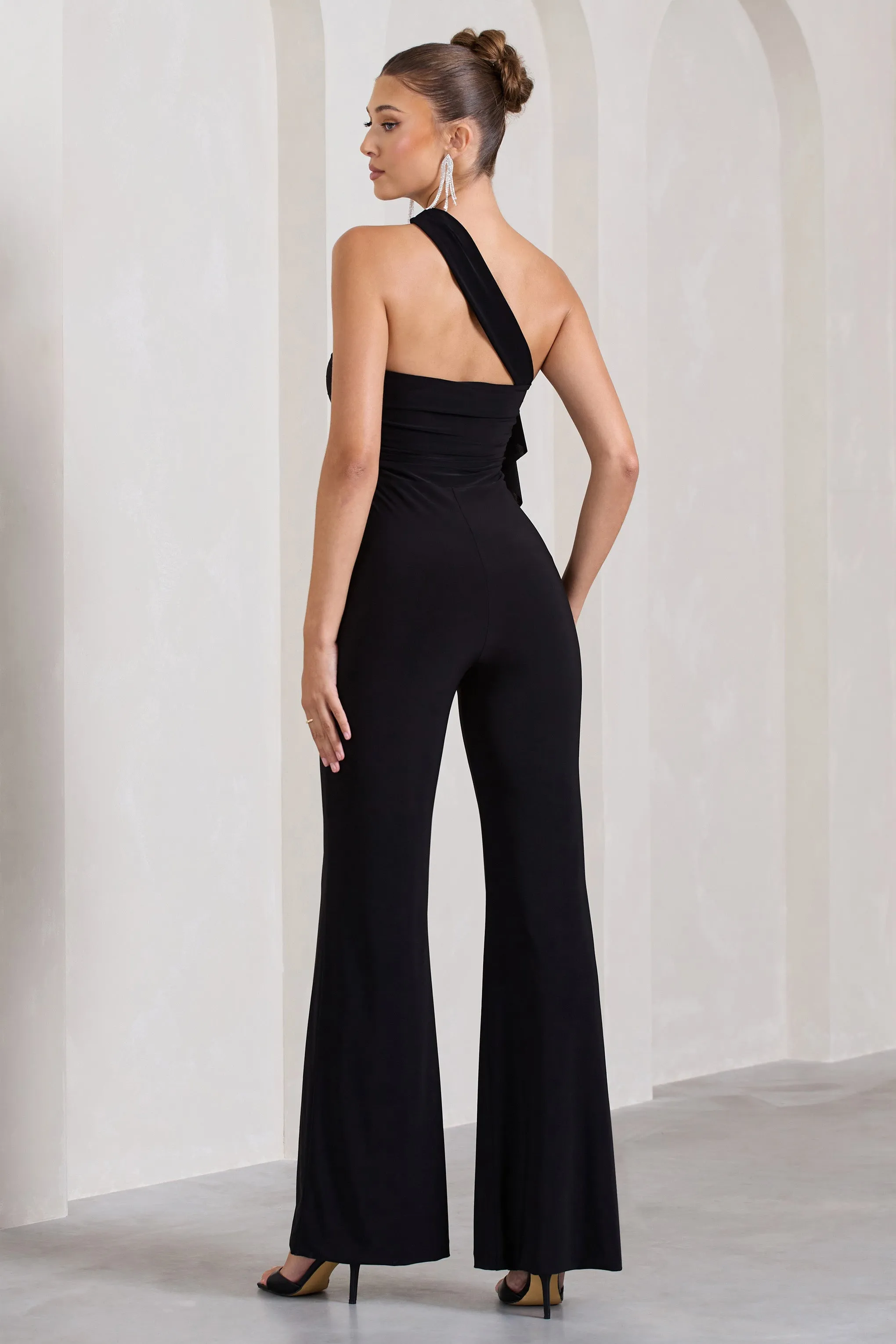Tia | Black Asymmetric Sleeveless Flared-Leg Jumpsuit With Flowers sold by Club L London product image thumbnail 2