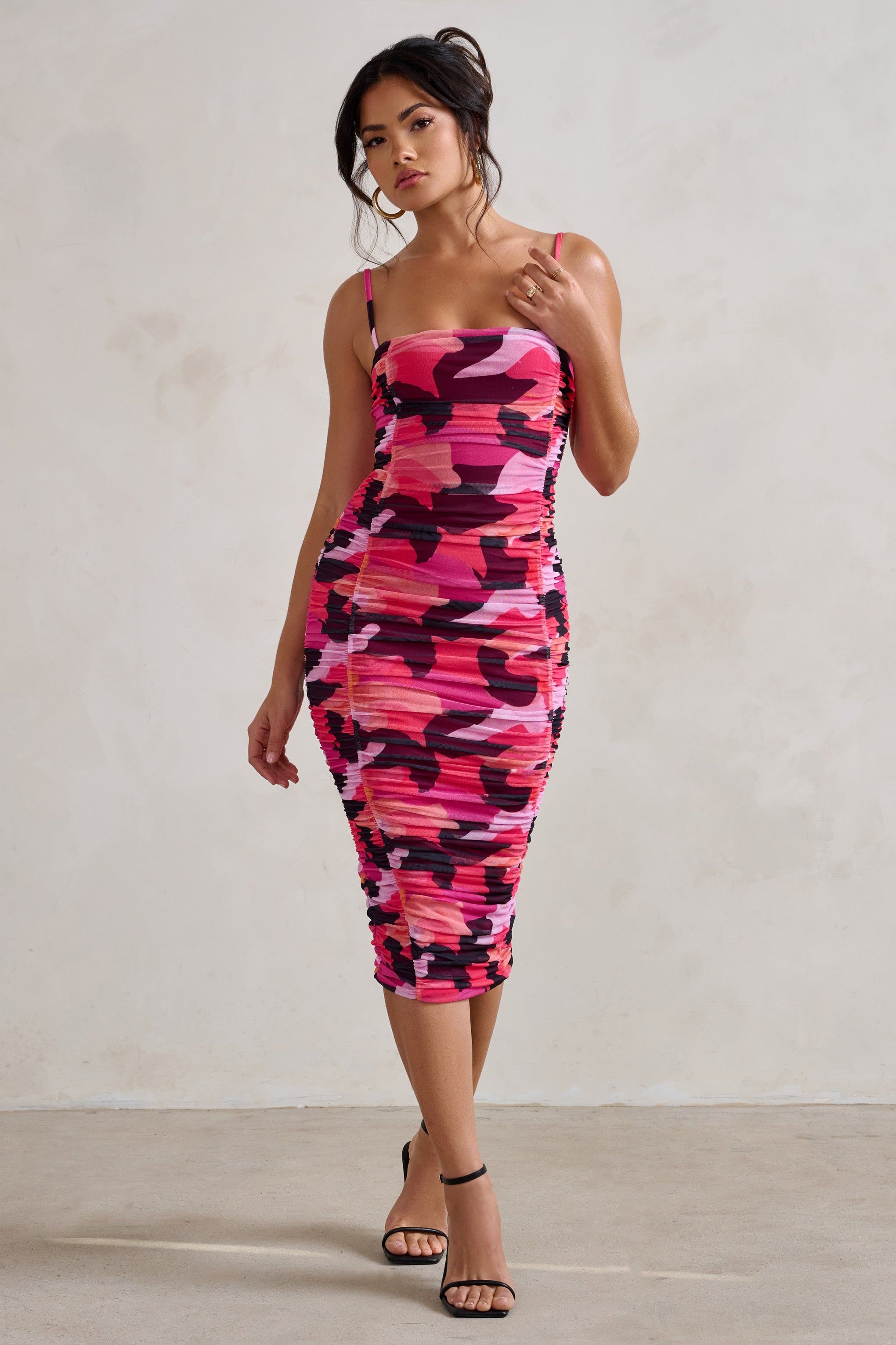 Sentimental | Hot Pink Print Ruched Mesh Midi Dress With Square Neck sold by Club L London product image thumbnail 4