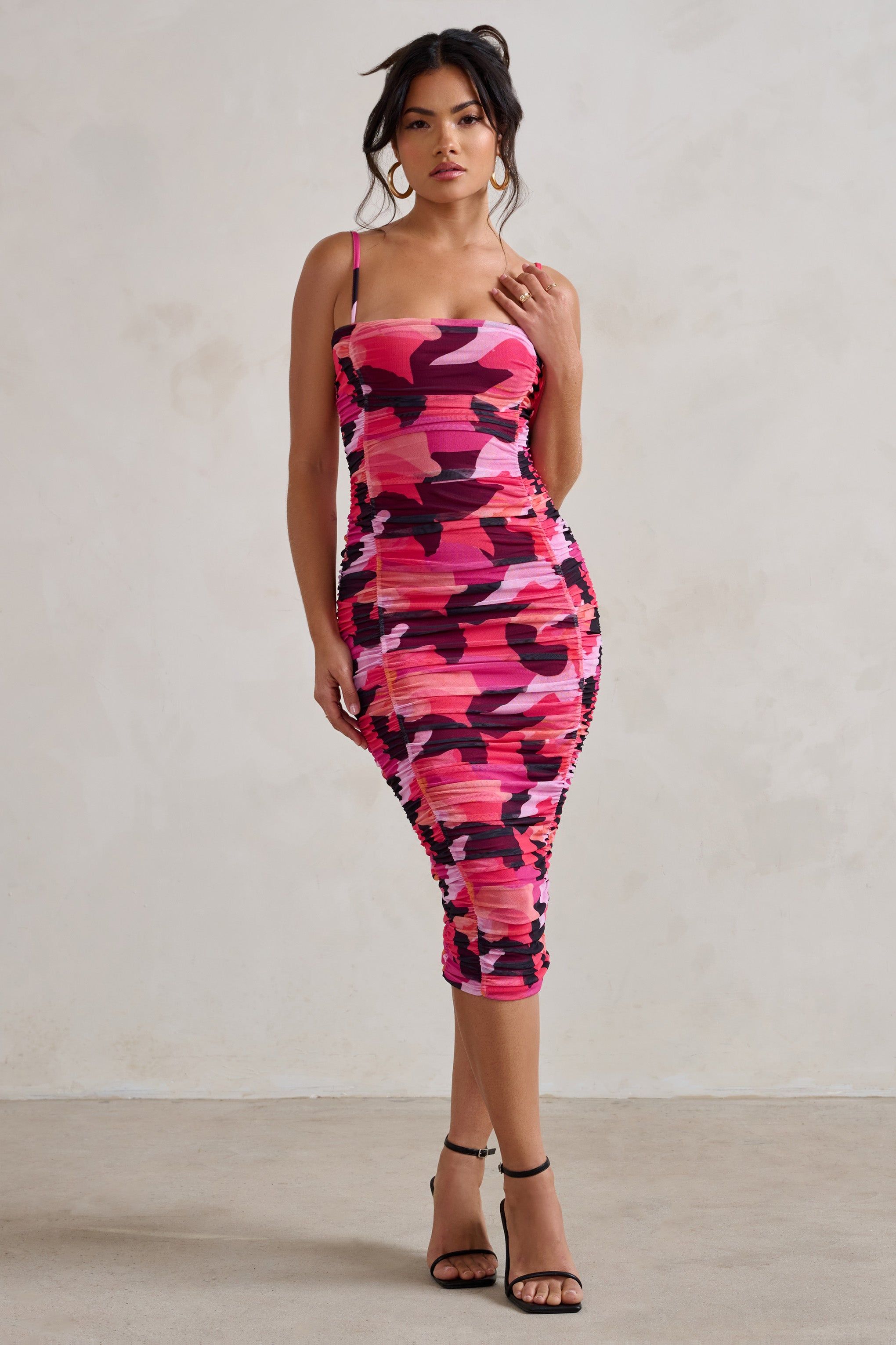 Sentimental | Hot Pink Print Ruched Mesh Midi Dress With Square Neck sold by Club L London