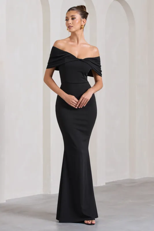 Dana | Black Bardot Maxi Dress With Short Gathered Sleeves sold by Club L London