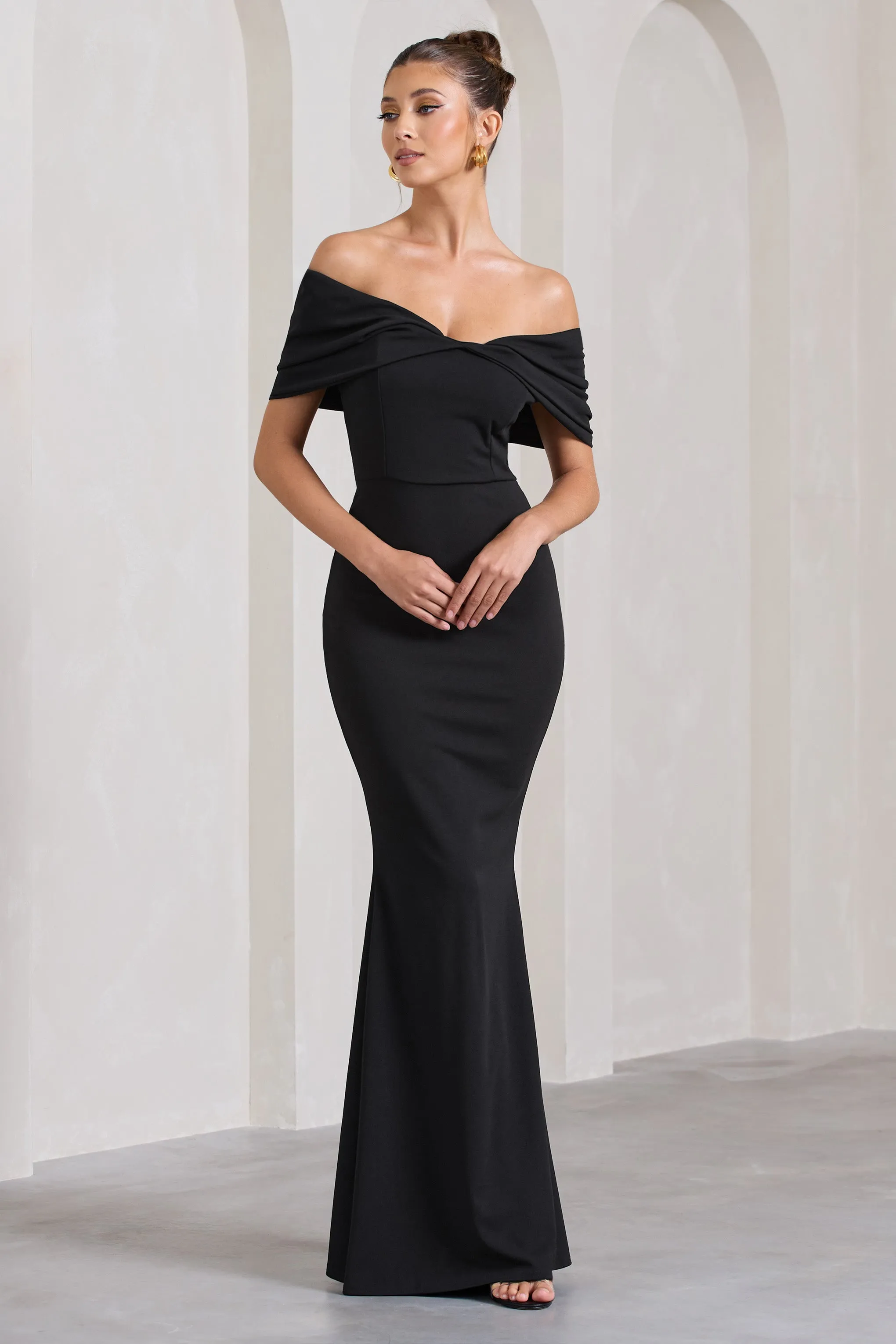 Dana | Black Bardot Maxi Dress With Short Gathered Sleeves sold by Club L London