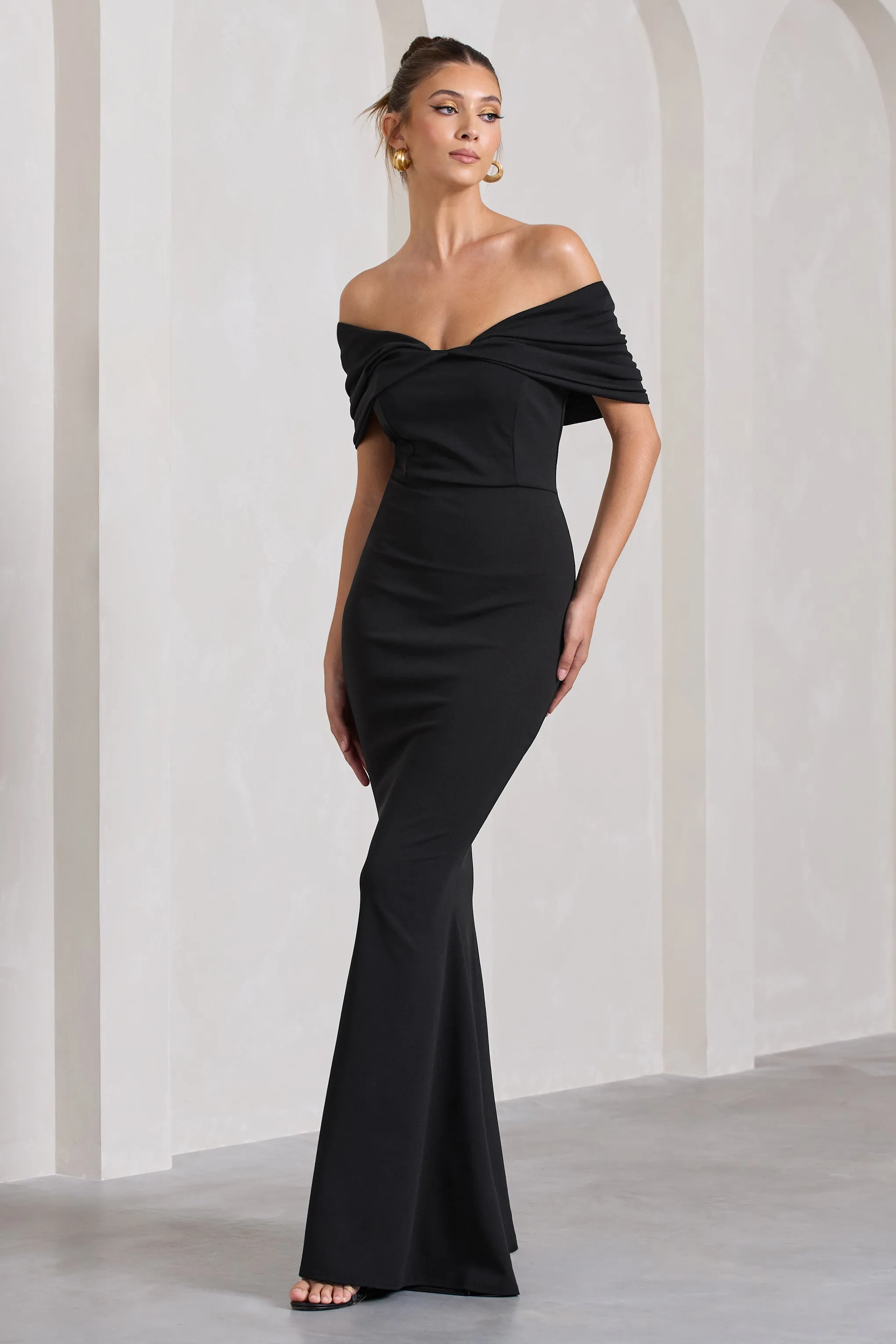 Dana | Black Bardot Maxi Dress With Short Gathered Sleeves sold by Club L London product image thumbnail 4
