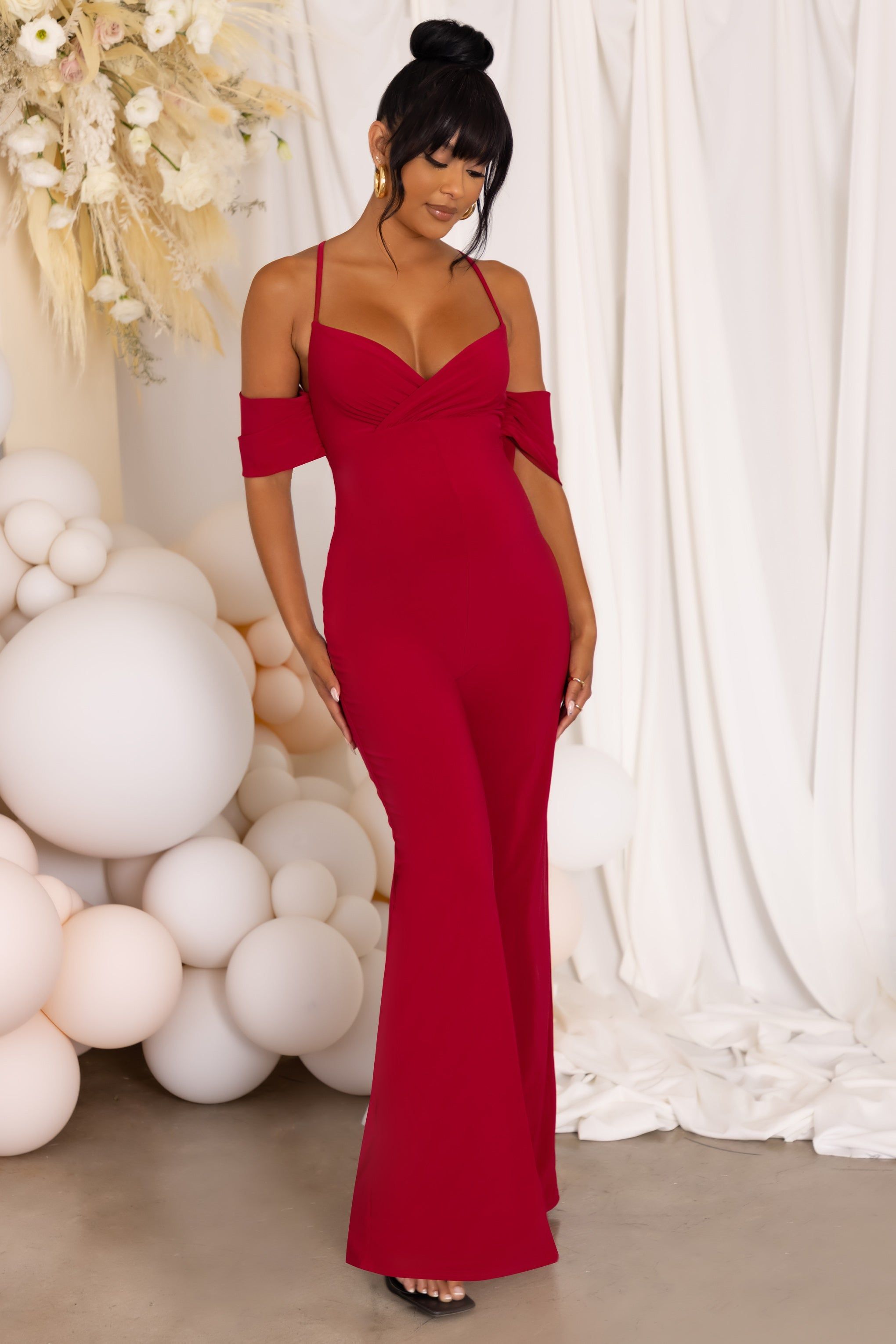 Special Surprise | Berry Maternity Draped Sleeve Jumpsuit sold by Club L London product image thumbnail 5
