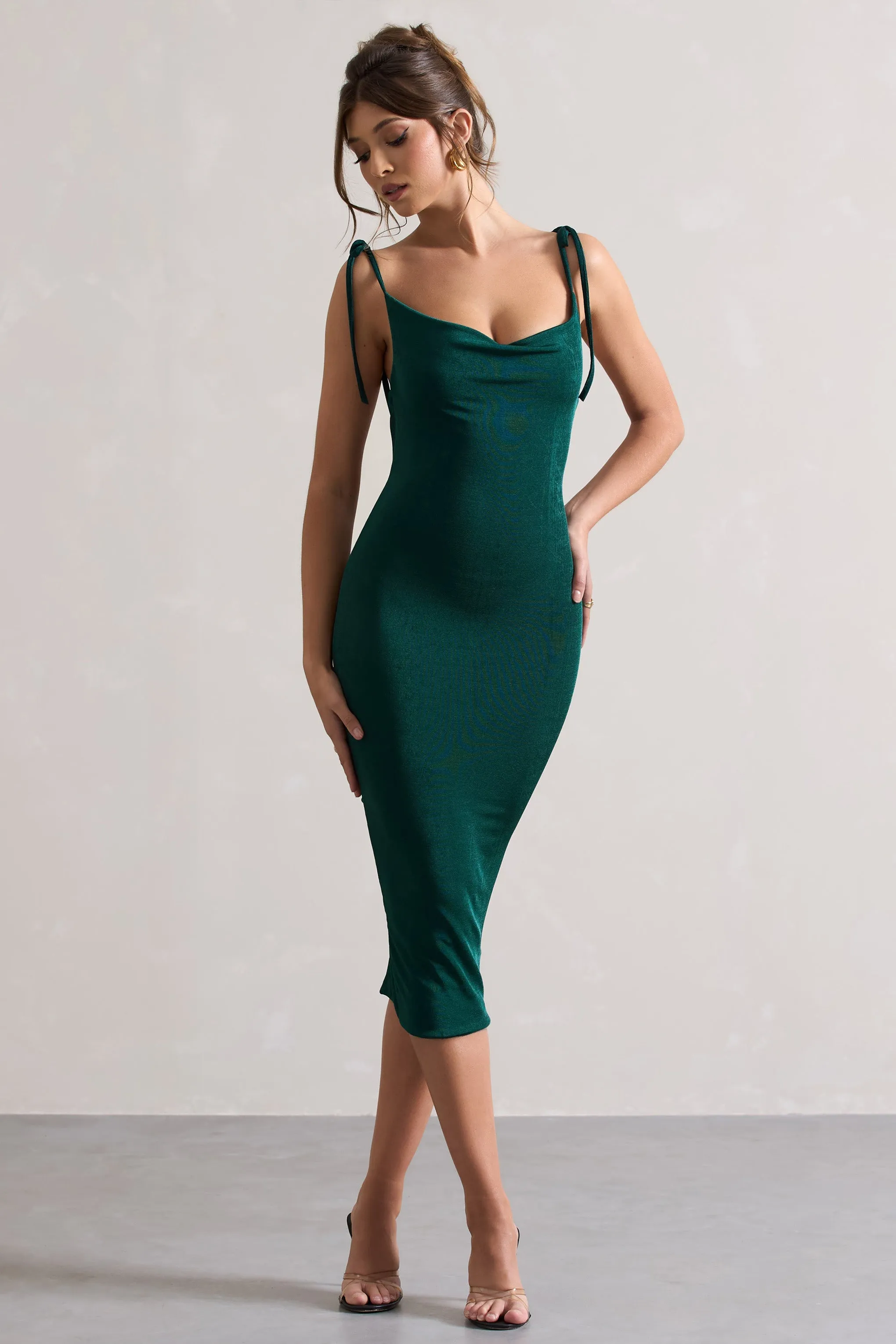 Irina | Bottle Green Cowl-Neck Bodycon Midi Dress sold by Club L London