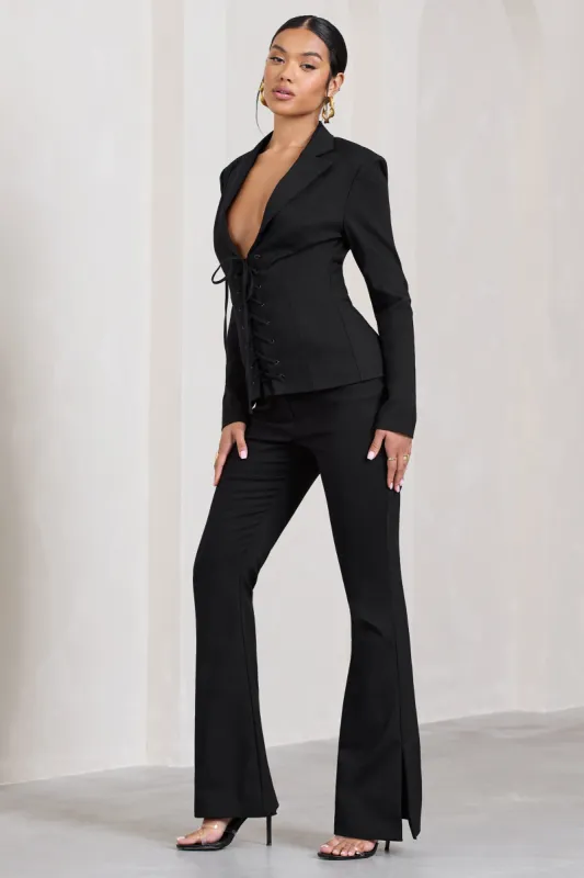 Brianca | Black High-Waisted Split Wide-Leg Trousers sold by Club L London