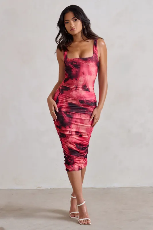 Lisbon | Pink Printed Square Neck Ruched Midi Dress sold by Club L London