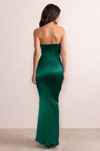 Sensual Notes | Bottle Green Satin Strapless Corset Thigh Split Fishtail Maxi Dress sold by Club L London